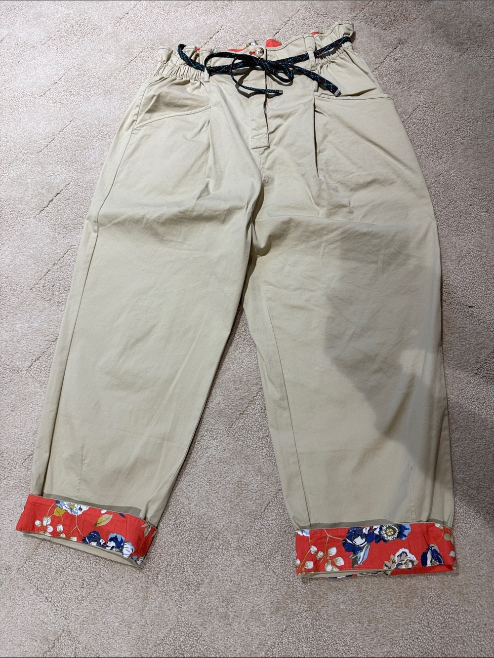 Anthropologie Tan Chino Pants with Red Floral Cuff